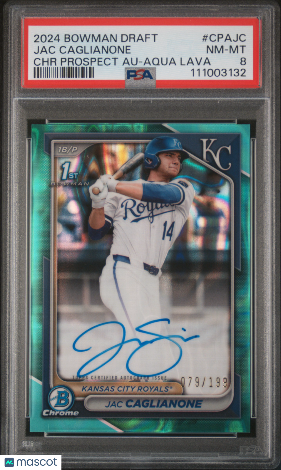 2024 Bowman Draft Chrome Prospect Auto Jac Caglianone Aqua Lava 079/199 PSA 8 - Graded Sports Cards