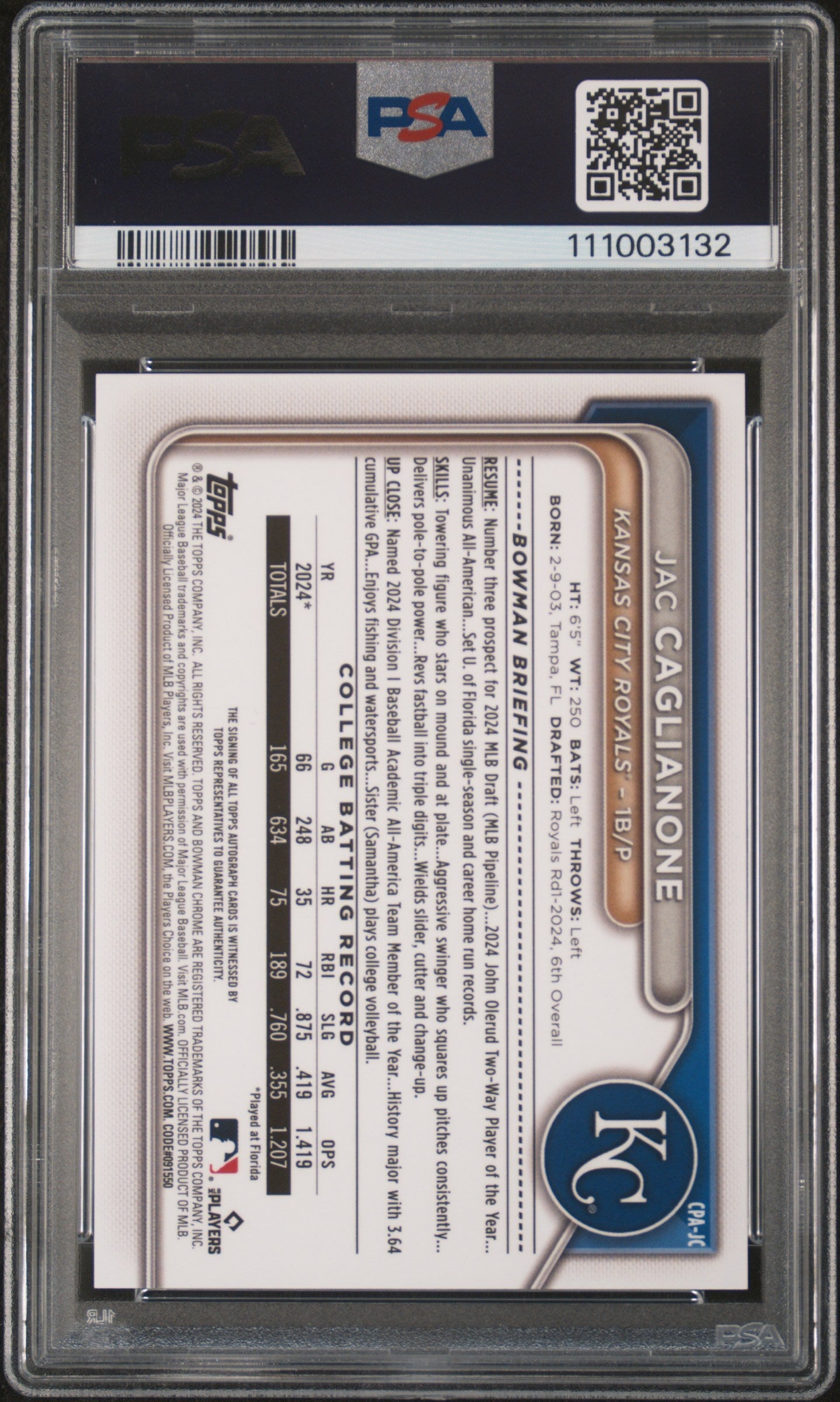 2024 Bowman Draft Chrome Prospect Auto Jac Caglianone Aqua Lava 079/199 PSA 8 - Graded Sports Cards