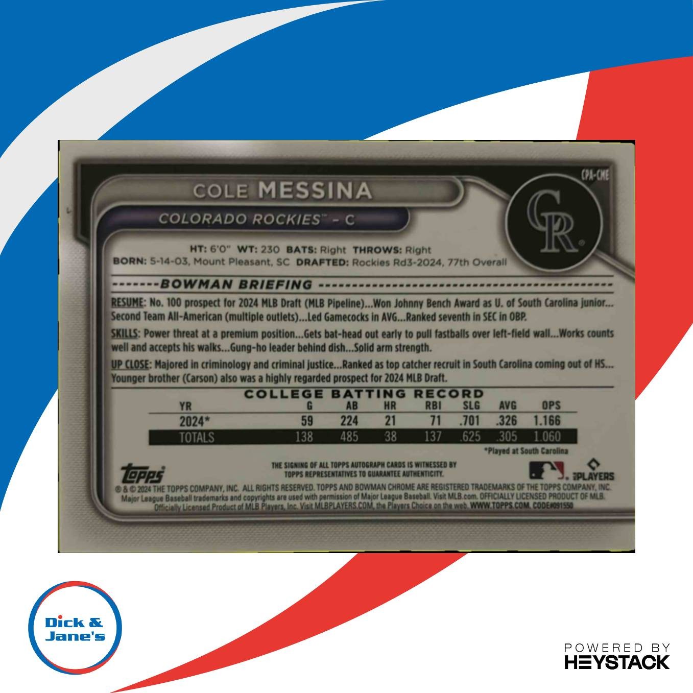 2024 Bowman Draft Cole Messina Chrome Auto Aqua Lava Refractor /199 1st Prospect - Sports Cards