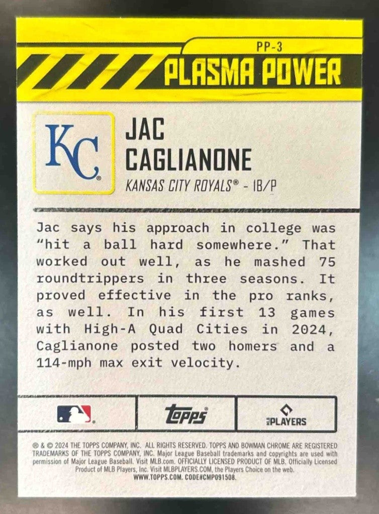 2024 Bowman Draft Jac Caglianone Plasma Power #PP-3 Kansas City Royals - Sports Cards