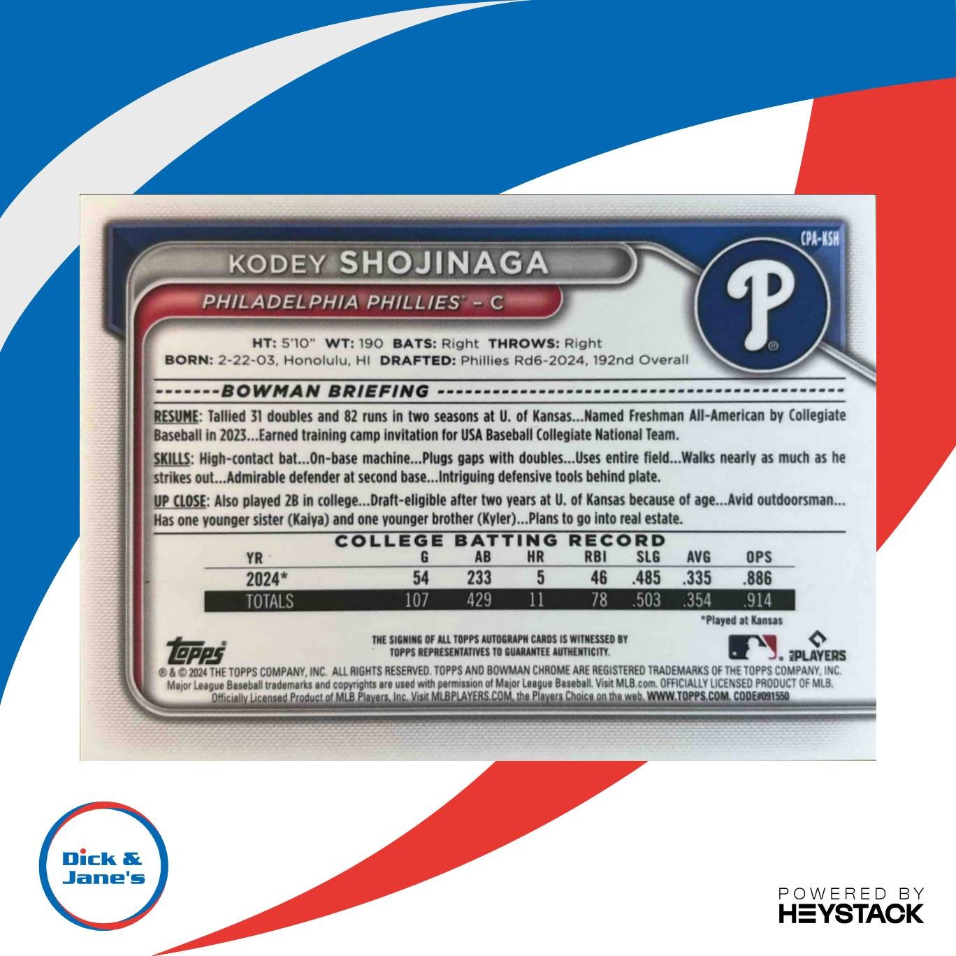 2024 Bowman Draft Kodey Shojinaga Chrome Auto #CPA-KSH 1st Prospect Phillies - Sports Cards