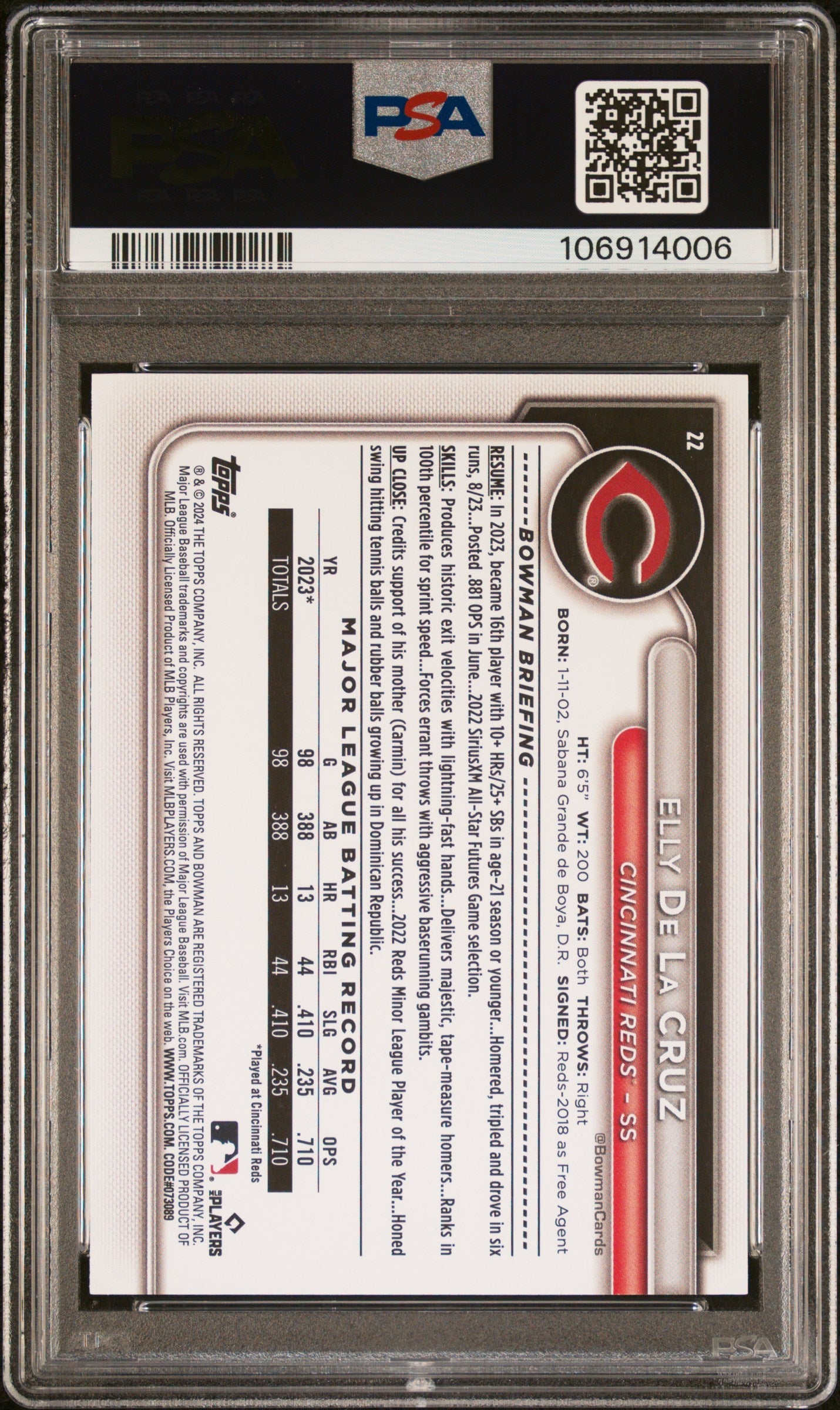 2024 Bowman Elly De La Cruz Blue Pattern 063/125 Rookie #22 PSA 9 MINT Reds - Graded Sports Cards