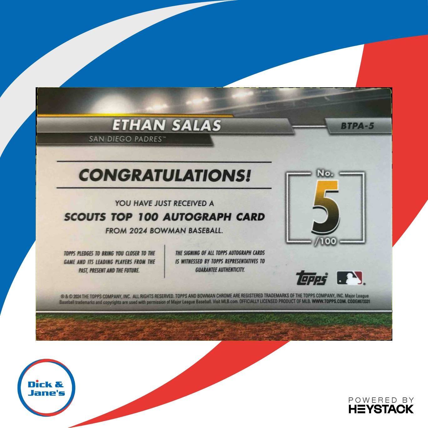 2024 Bowman Ethan Salas Scouts’ Top 100 Auto Gold Refractor /50 San Diego Padres Sports Cards