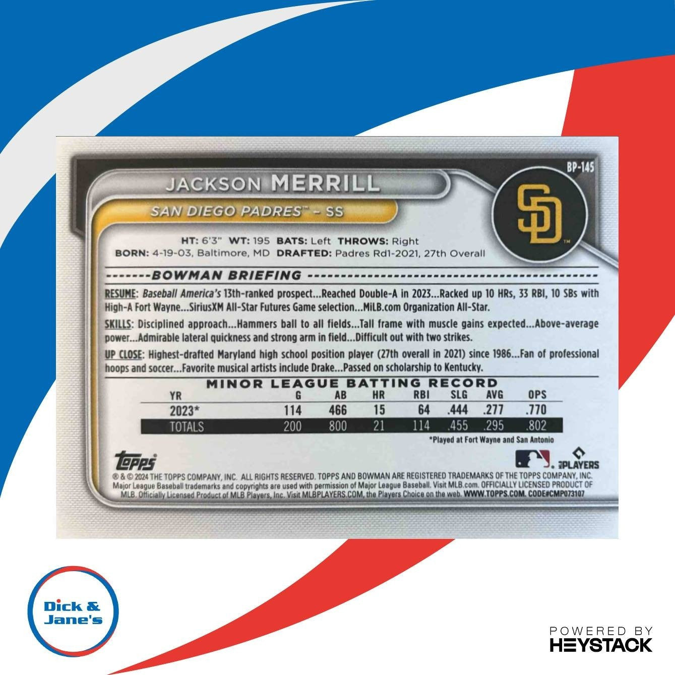 2024 Bowman Jackson Merrill Prospects Neon Green /399 #BP-145 San Diego Padres - Sports Cards