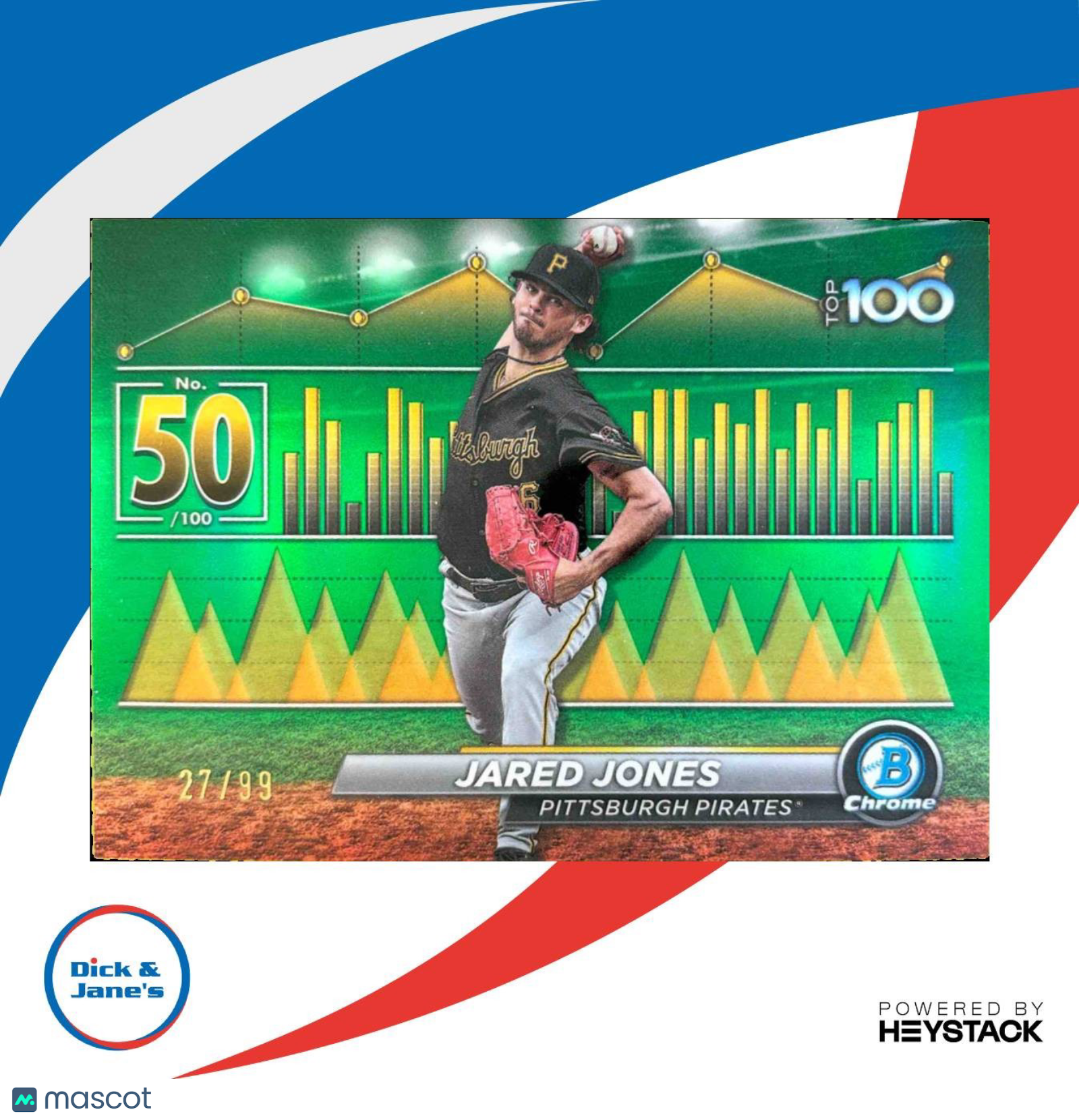 2024 Bowman Jared Jones Scouts’ Top 100 Green Refractor /99 RC Pittsburgh Pirate - Sports Cards