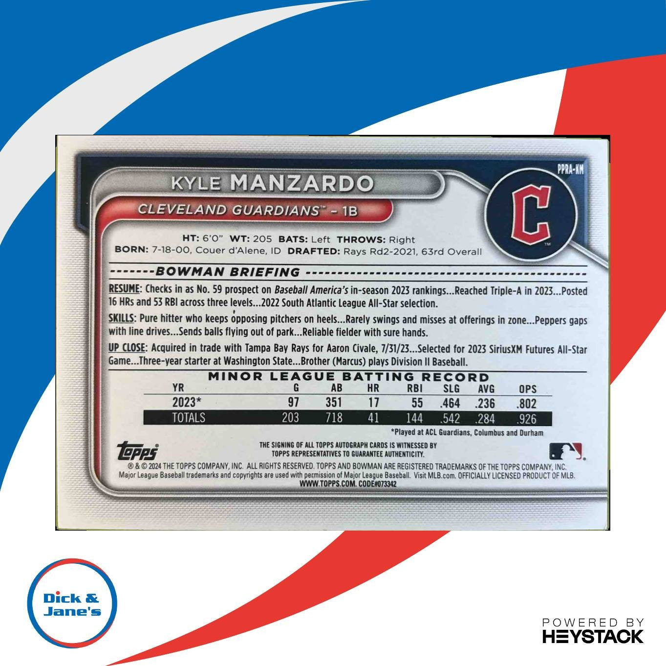 2024 Bowman Kyle Manzardo Prospect Auto Blue 48/150 #PPRA-KM Cleveland Guardians - Sports Cards