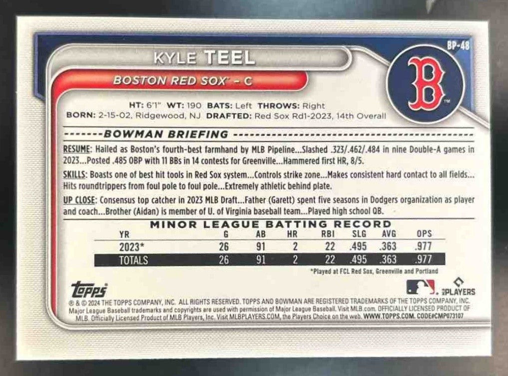2024 Bowman Kyle Teel Fuchsia /299 #BP-48 1st Prospect Boston Red Sox - Sports Cards