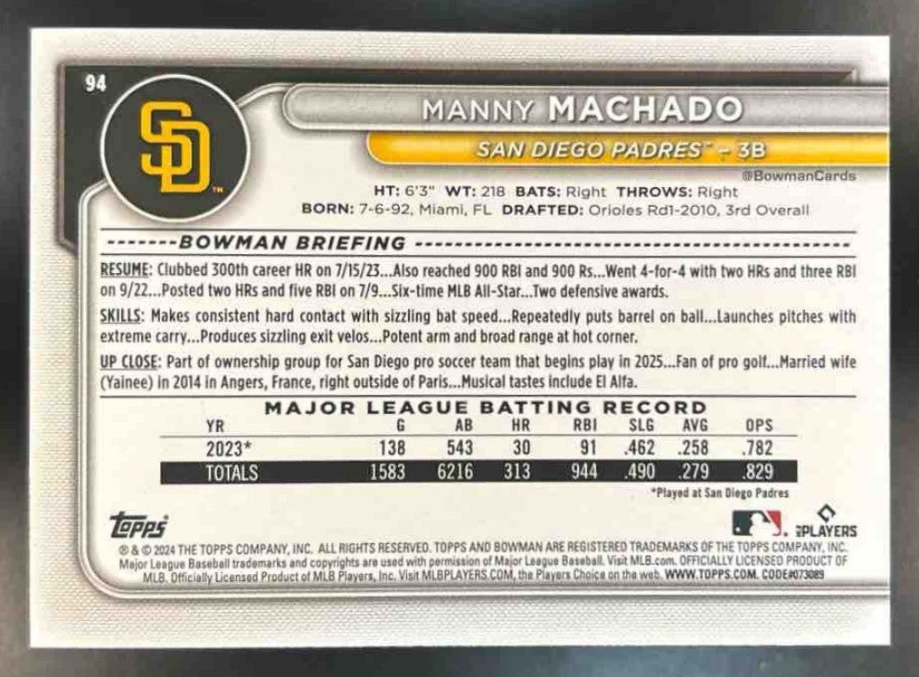 2024 Bowman Manny Machado Green Pattern /99 #94 San Diego Padres - Sports Cards