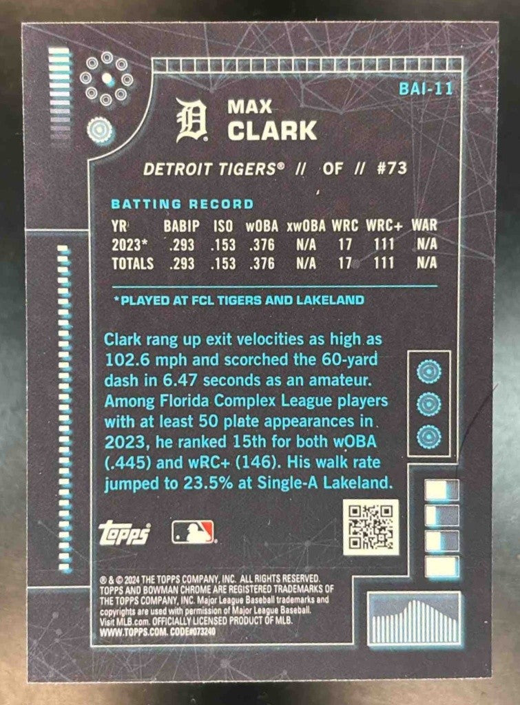 2024 Bowman Max Clark A.I. Chrome #BAI-11 Detroit Tigers - Sports Cards