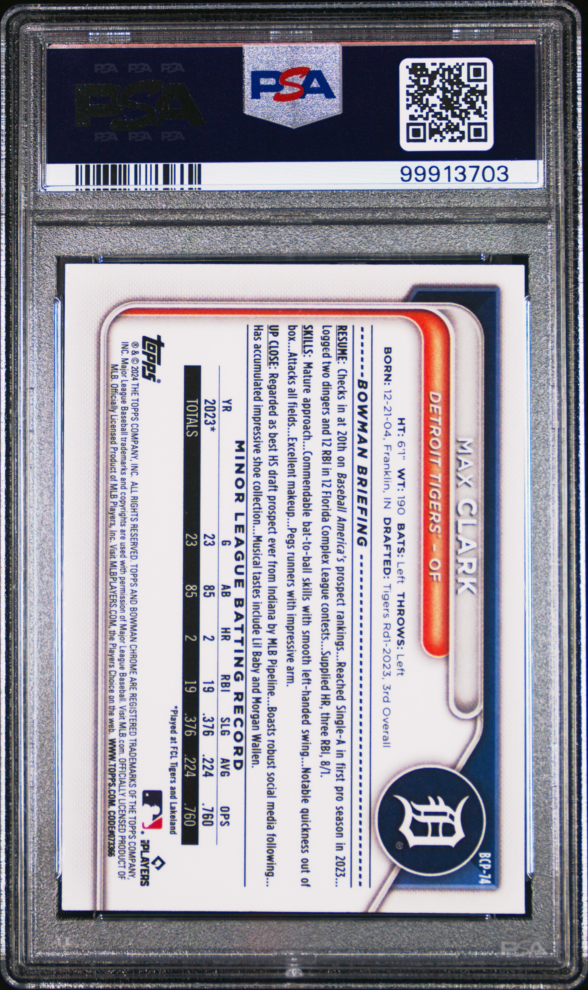 2024 Bowman Mega Box Chrome Prospects Max Clark #74 PSA 10 GEM MINT Tigers - Graded Sports Cards