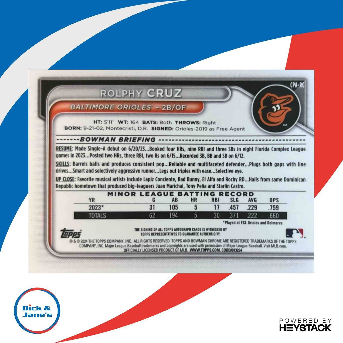 2024 Bowman Rolphy Cruz Chrome Auto #CPA-RC 1st Prospect Baltimore Orioles - Sports Cards