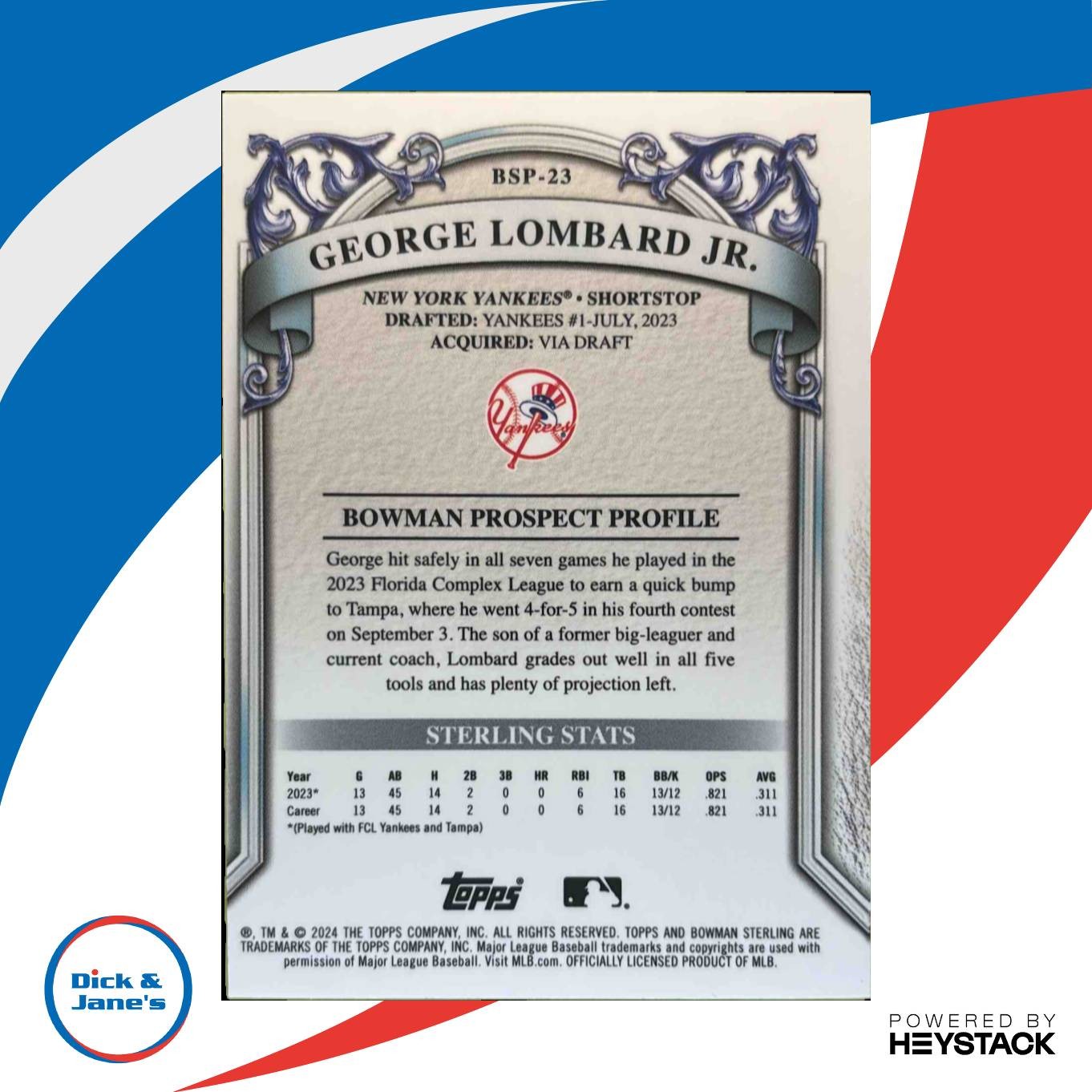 2024 Bowman Sterling George Lombard Jr. Prospect Magenta Refractor 42/75 Yankees - Sports Cards