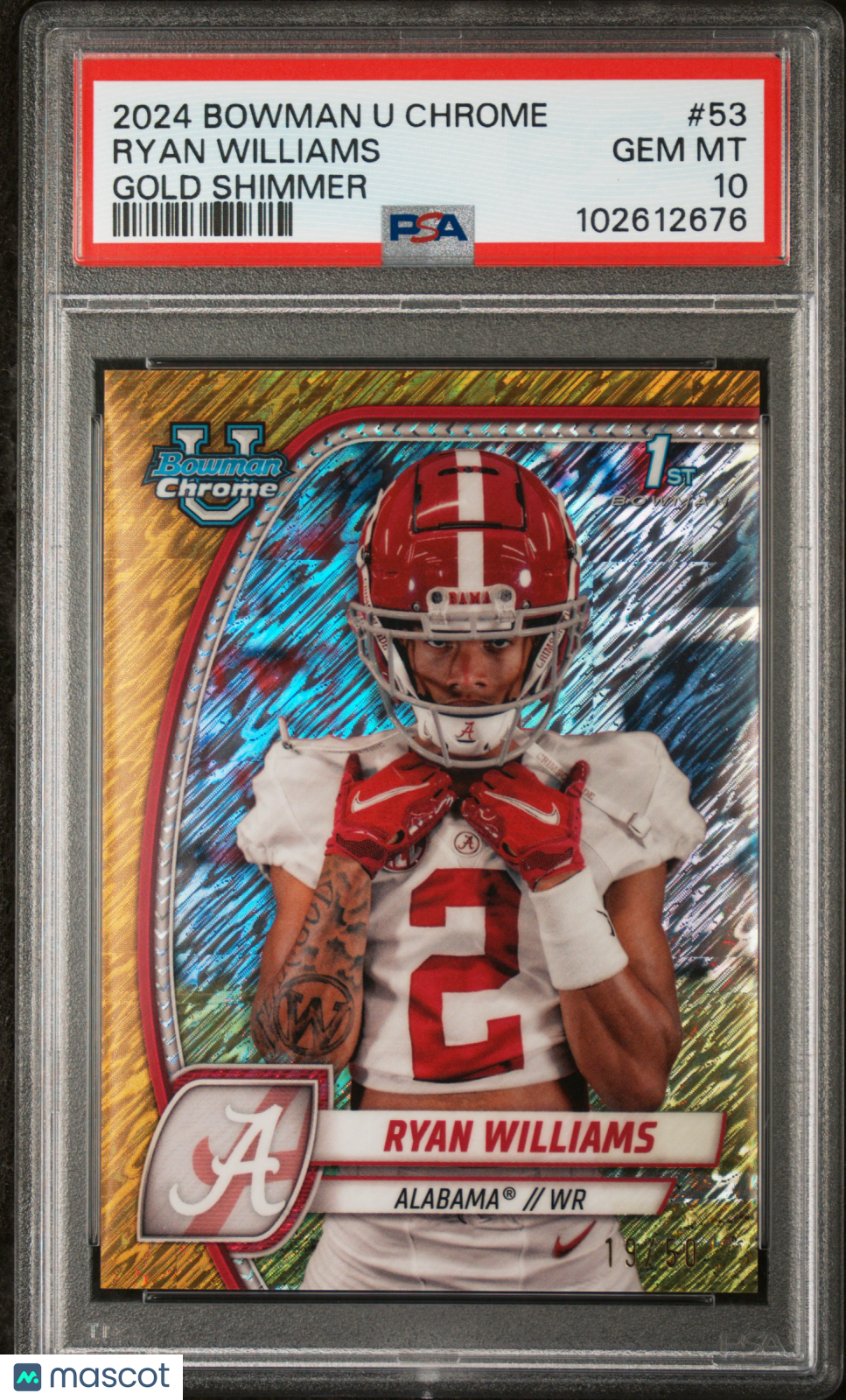 2024 Bowman University Chrome Ryan Williams Gold Shimmer 19/50 53 PSA 10 Alabama - Graded Sports Cards
