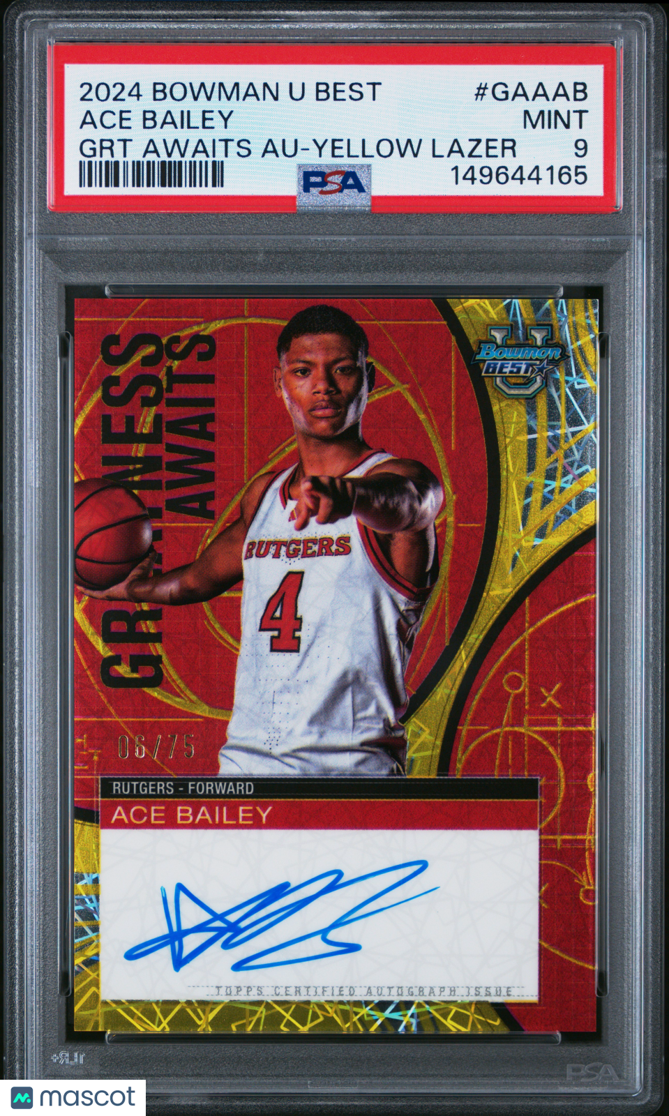 2024 Bowman University Greatness Awaits Auto Ace Bailey Yellow Lazer /75 PSA 9 - Graded Sports Cards
