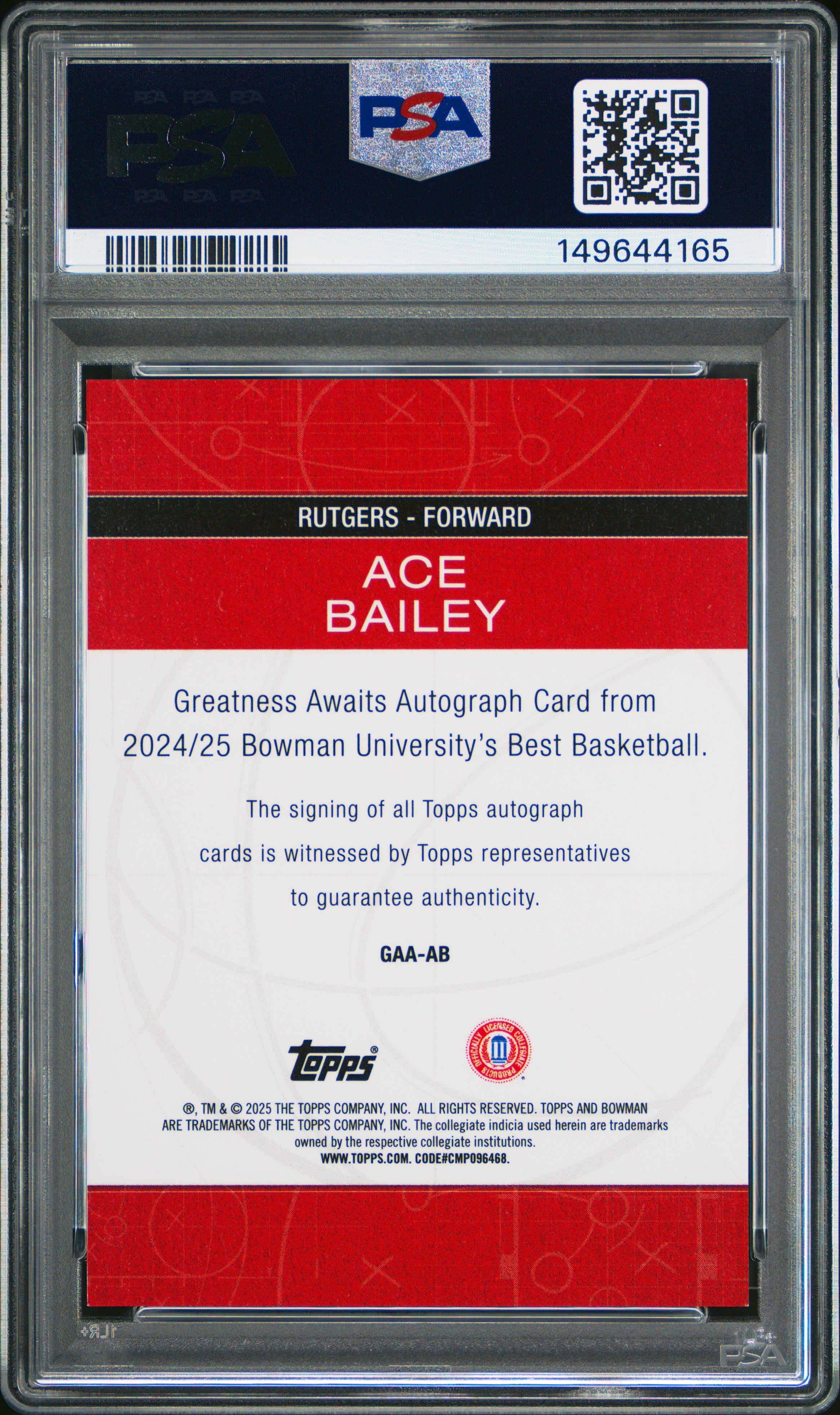 2024 Bowman University Greatness Awaits Auto Ace Bailey Yellow Lazer /75 PSA 9 - Graded Sports Cards