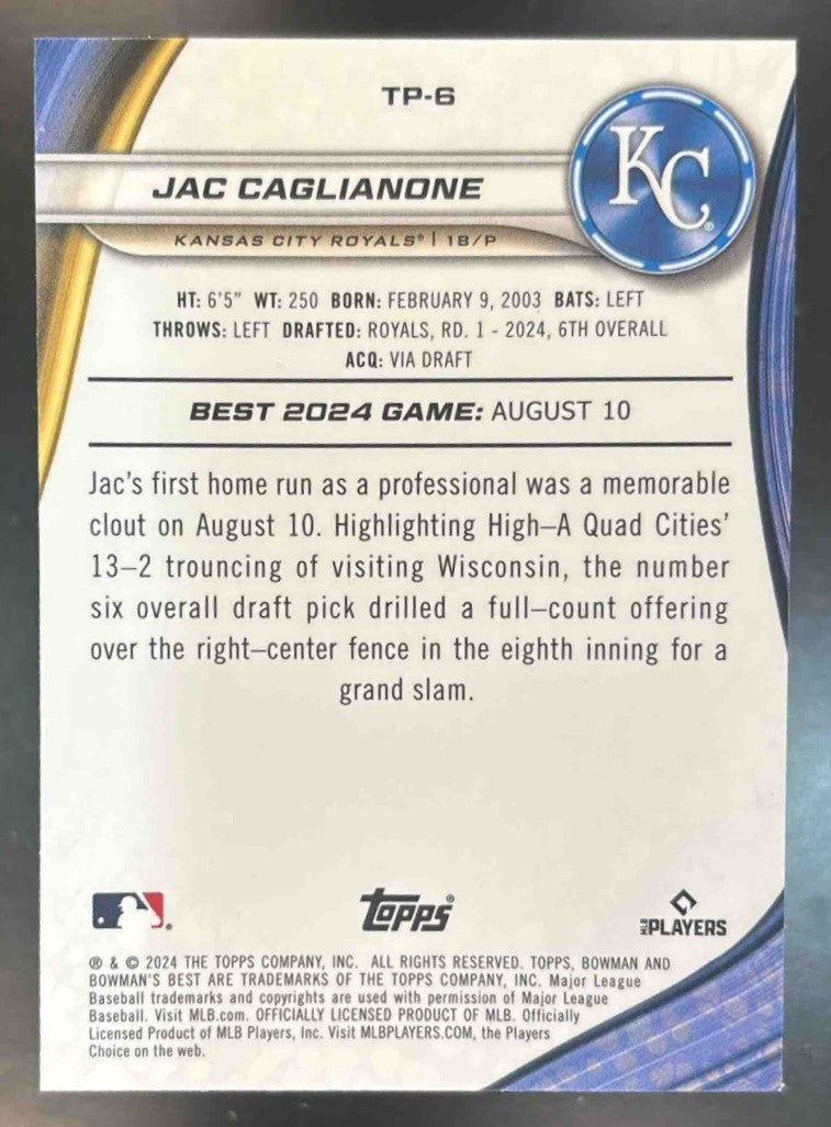 2024 Bowman’s Best Jac Caglianone Prospects Green /99 #TP-6 Kansas City Royals - Sports Cards