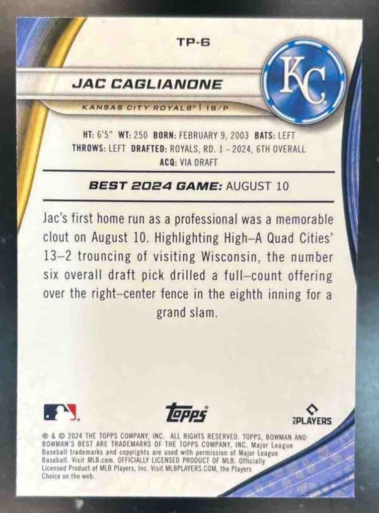 2024 Bowman’s Best Jac Caglianone Prospects Purple /250 #TP-6 Kansas City Royals - Sports Cards