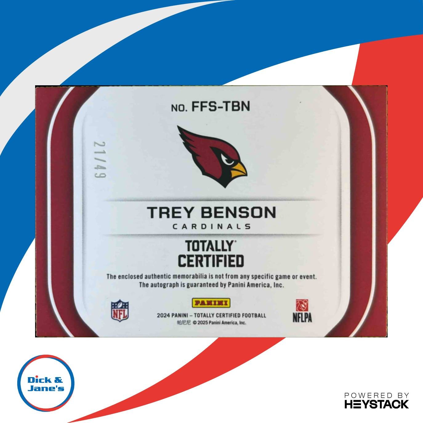 2024 Certified Trey Benson Freshman Fabric Mirror Signature Silver /49 Cardinals - Sports Cards