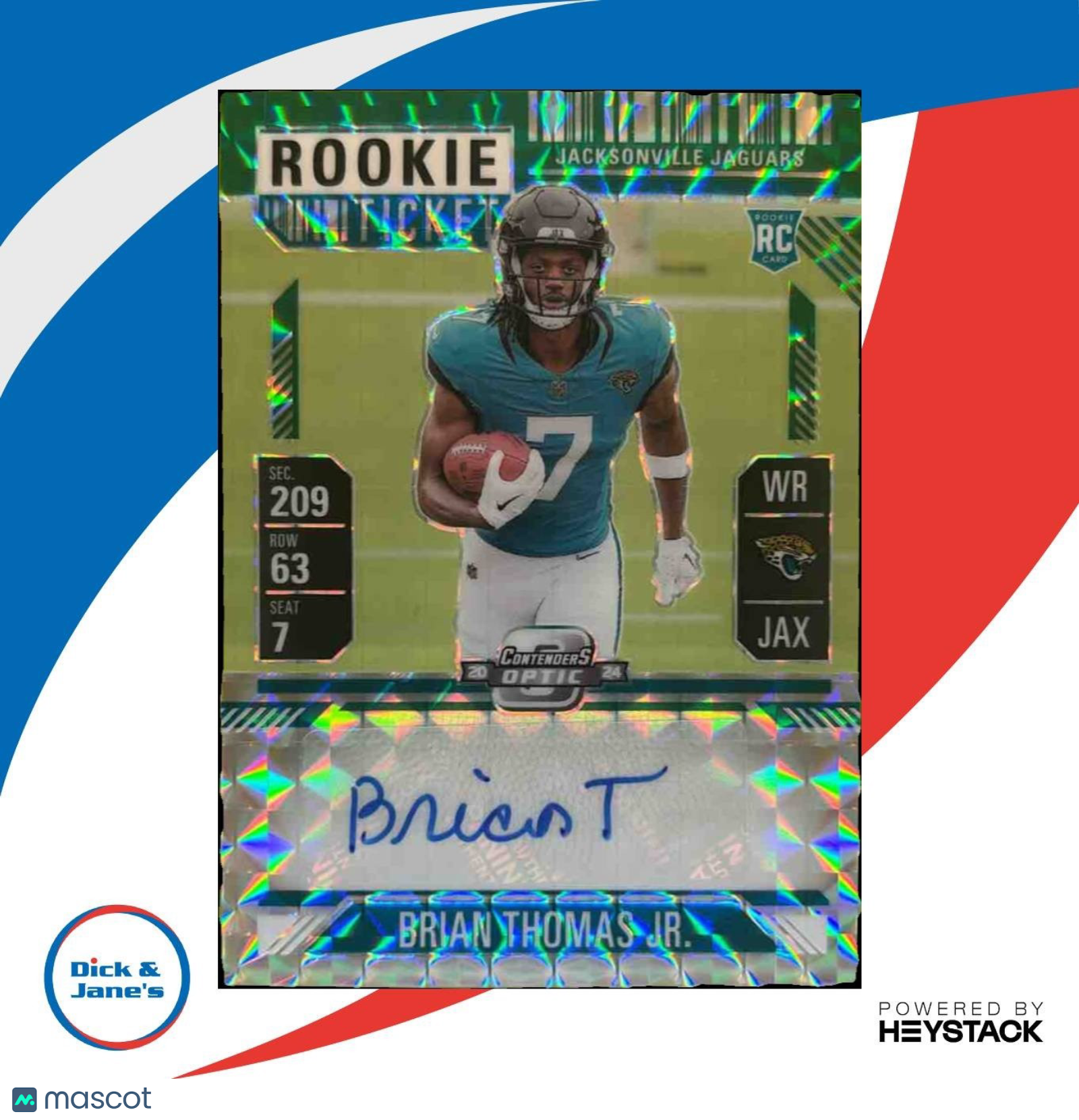2024 Contenders Optic Brian Thomas Jr. Rookie Ticket Auto Green /24 Jaguars - Sports Cards