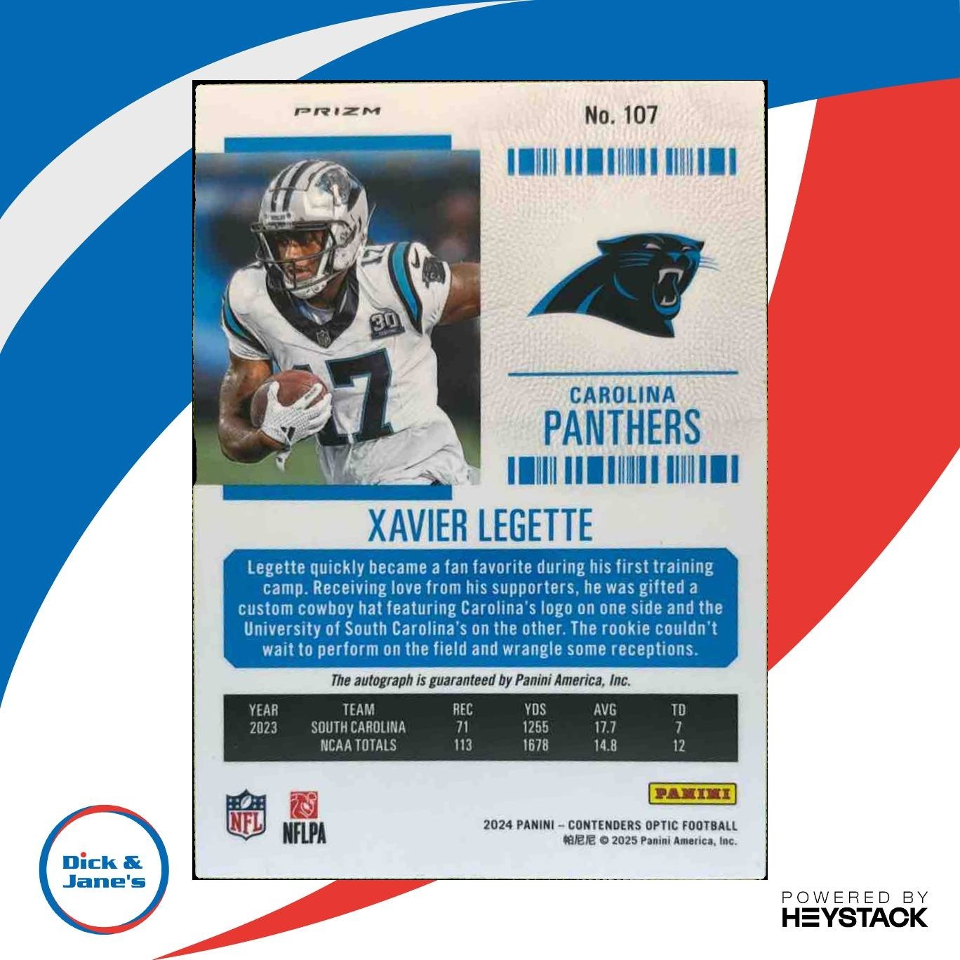 2024 Contenders Optic Xavier Legette RPS Auto Silver Prizm #107 RC Panthers - Sports Cards
