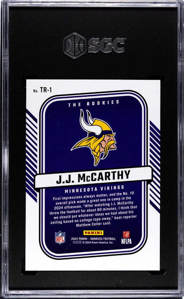 2024 Donruss JJ Mccarthy The Rookies Rookie #TR-1 SGC 10 Minnesota Vikings - Graded Sports Cards