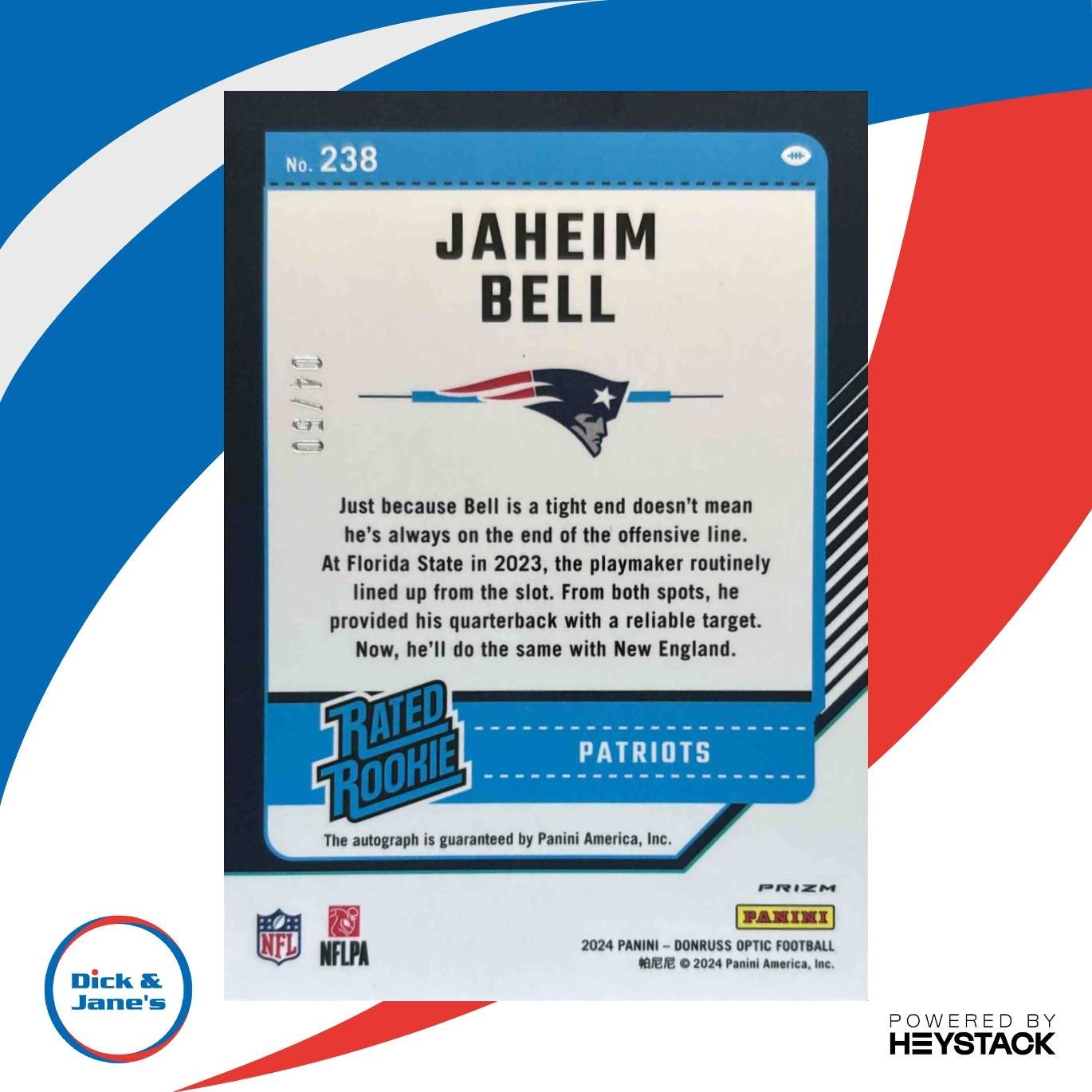 2024 Donruss Optic Jaheim Bell Rated Rookie Auto Pink Velocity /50 #238 Patriots - Sports Cards