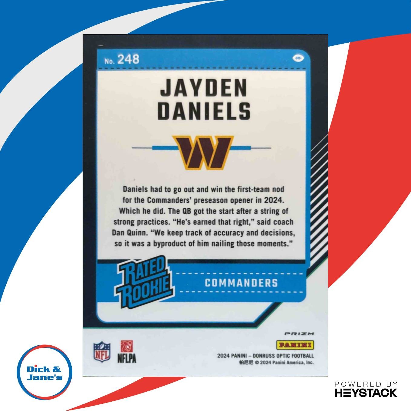 2024 Donruss Optic Jayden Daniels RC Purple Shock #248 Rated Rookie Commanders - Sports Cards