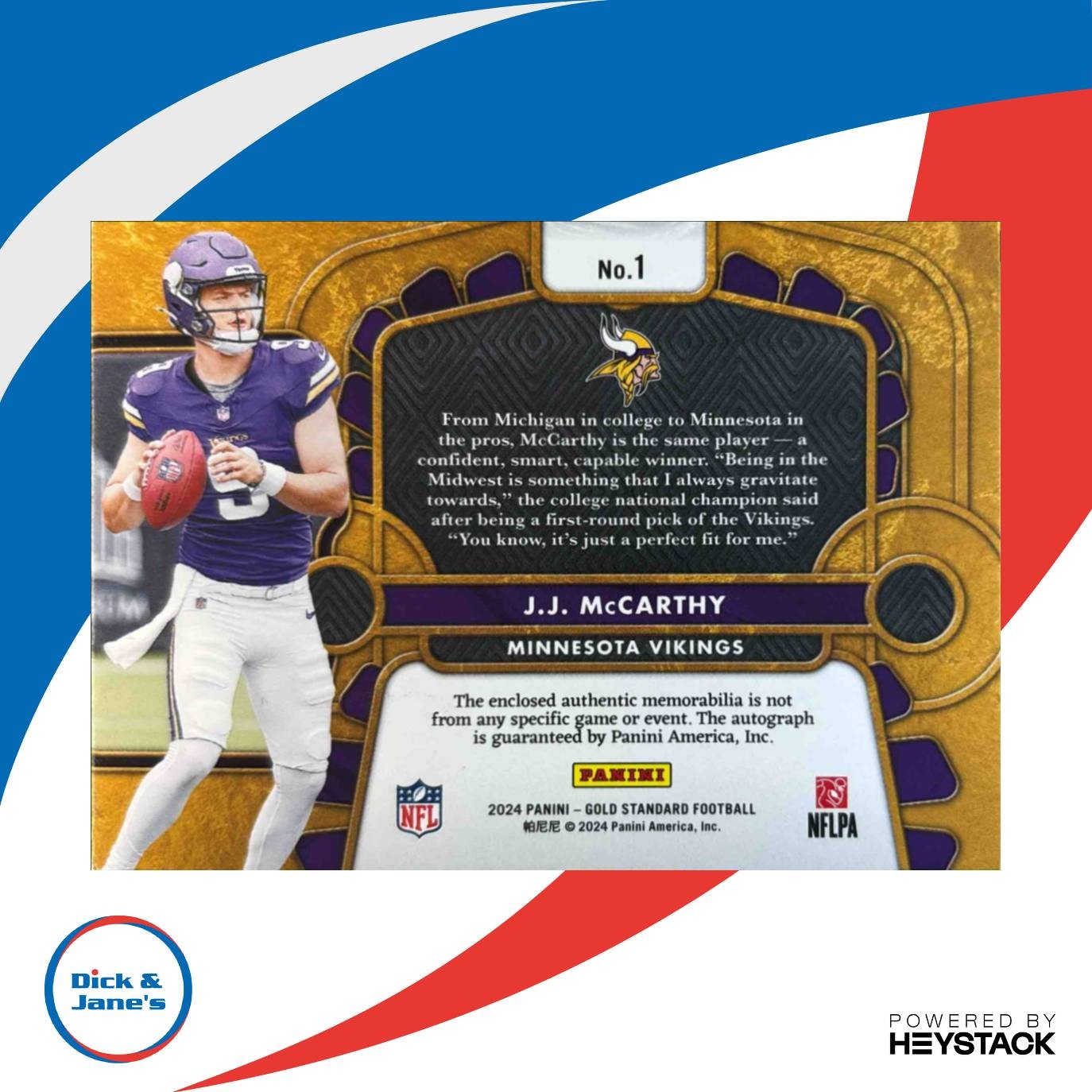 2024 Gold Standard J.J. McCarthy Rookie Jersey Auto Double 5/149 MEM RC Vikings - Sports Cards