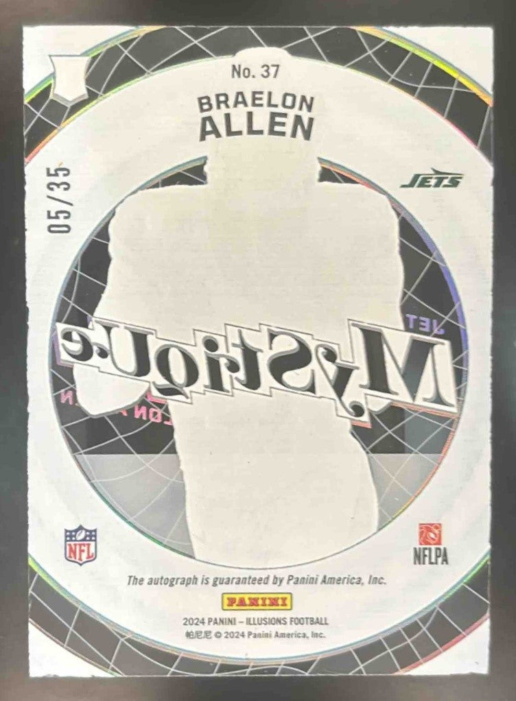 2024 Illusions Braelon Allen Mystique Auto Light Blue /35 #37 RC New York Jets - Sports Cards