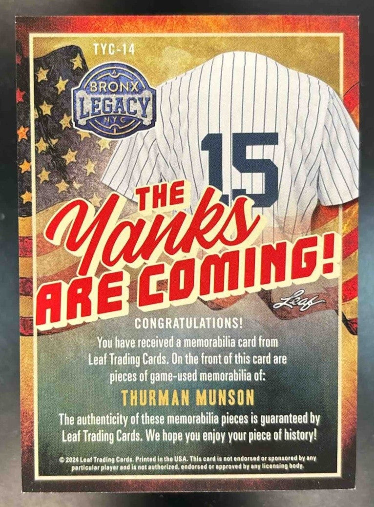 2024 Leaf A Bronx Legacy Thurman Munson The Yanks are Coming! Patch /4 Yankees - Sports Cards