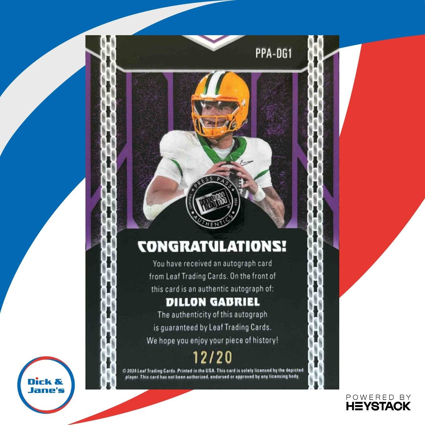 2024 Leaf Collective Dillon Gabriel Press Pass Auto Shimmer Light Blue /20 Ducks - Sports Cards