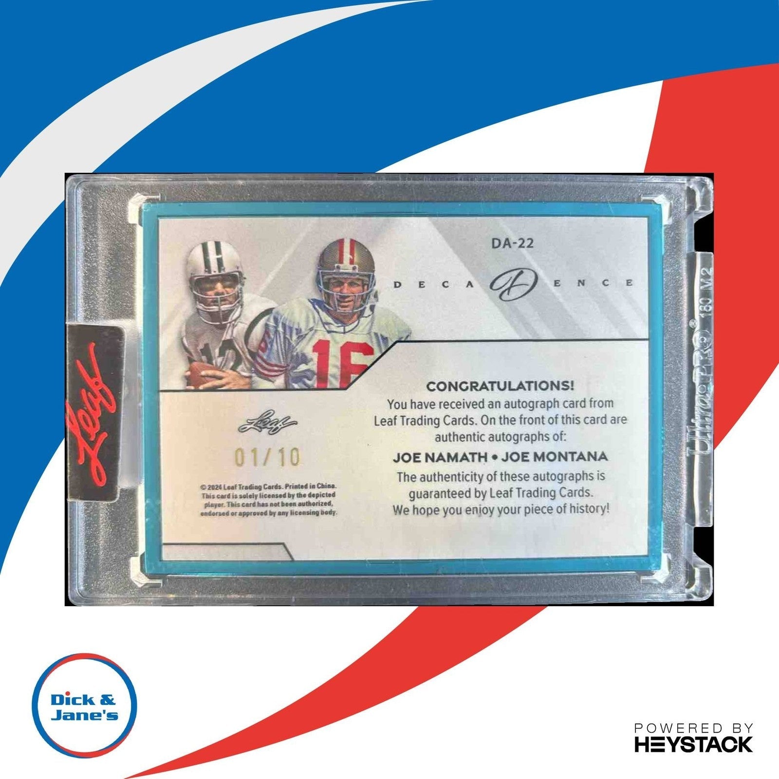 2024 Leaf Decadence Joe Namath Montana Dual Auto Turquoise 1/10 HOF QB - Sports Cards