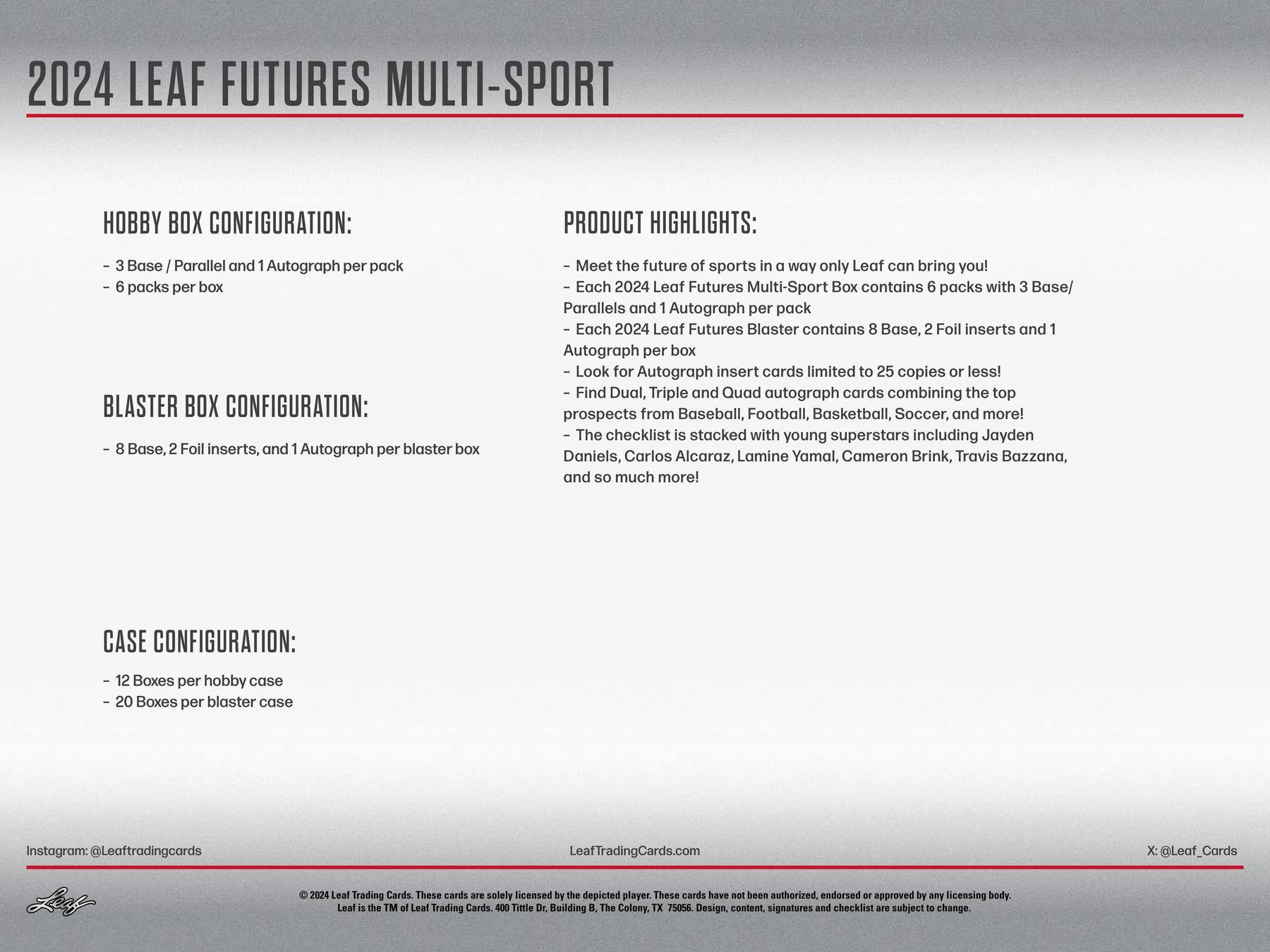 2024 Leaf Futures Multisport Hobby Box (6 Autos) Jayden Daniels Yamal Travis Bazzana - NFL Hobby Box