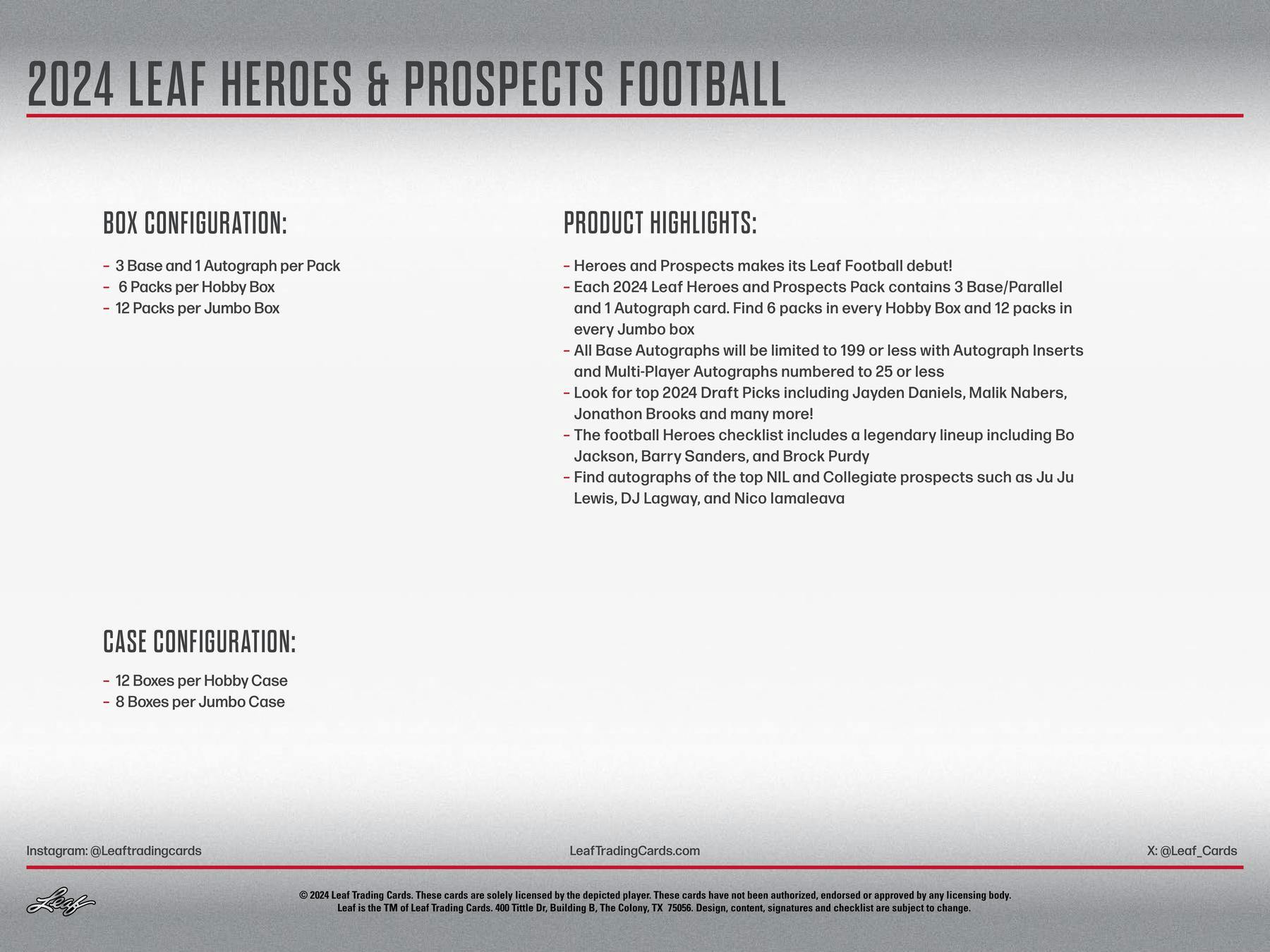 2024 Leaf Heroes & Prospects Football Hobby Box (6 Autographs) NFL Hobby Box