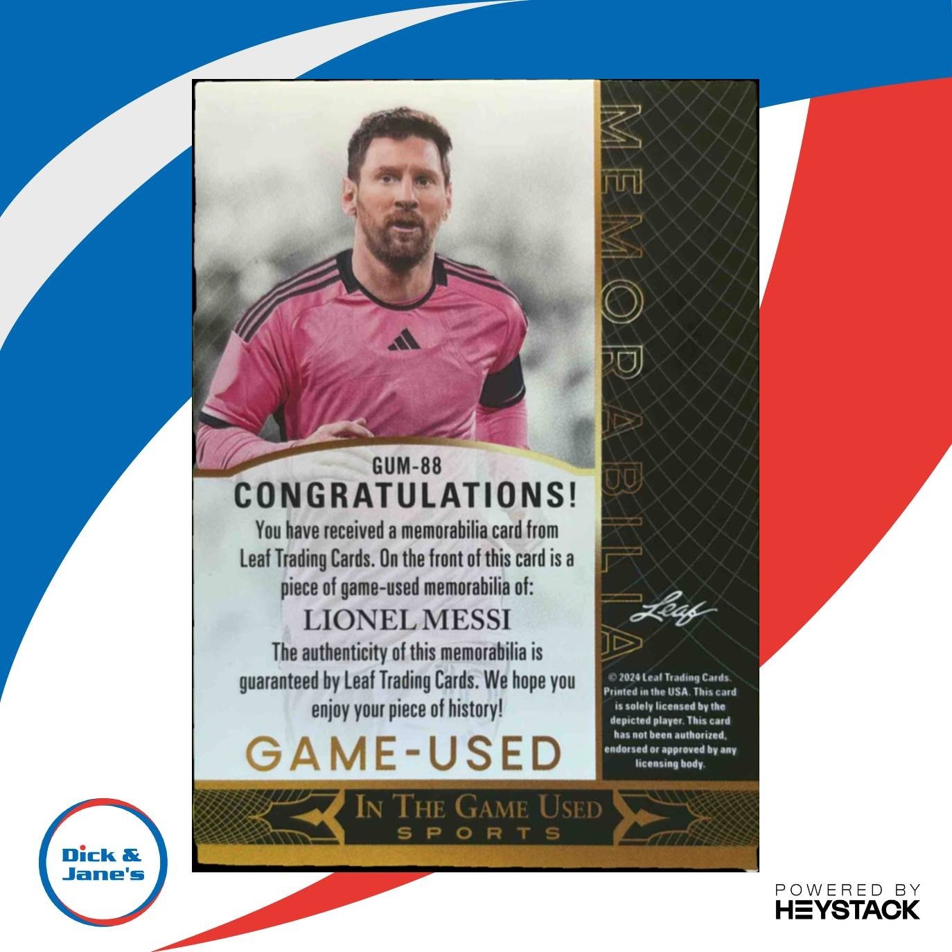 2024 Leaf In The Game Game Used Patch (PINK COLOR MATCH) Lionel Messi MEM - Sports Cards