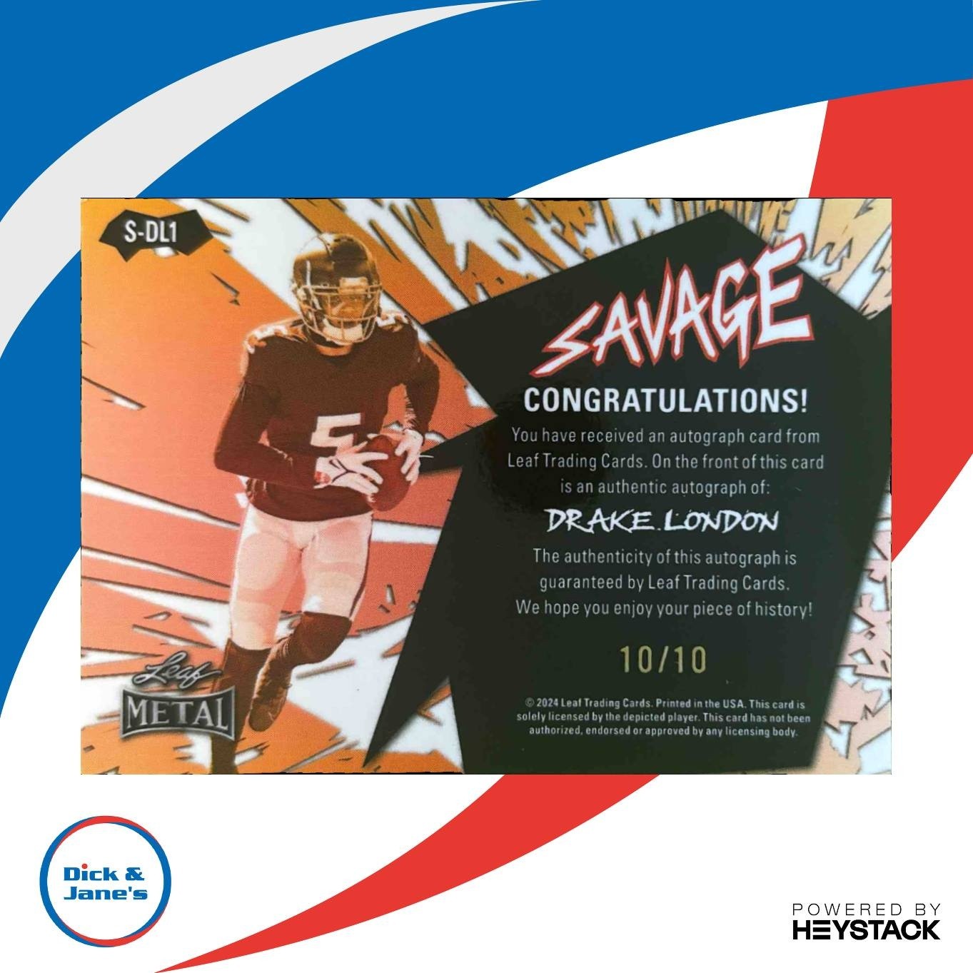 2024 Leaf Metal Drake London Savage Prismatic Silver /10 Auto Atlanta Falcons - Sports Cards