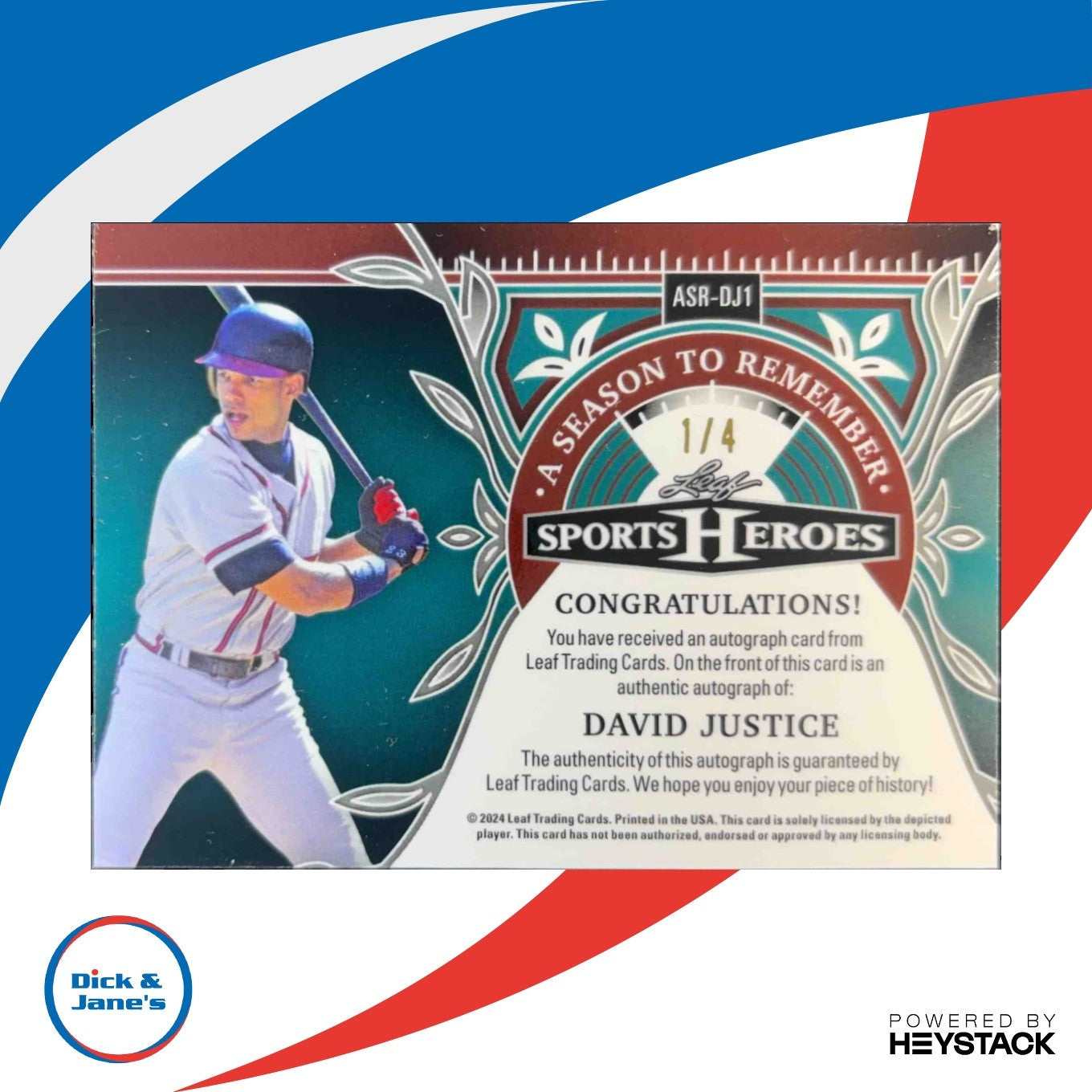 2024 Leaf Metal Sports David Justice A Season to Remember Crystal Orange /4 Auto - Sports Cards