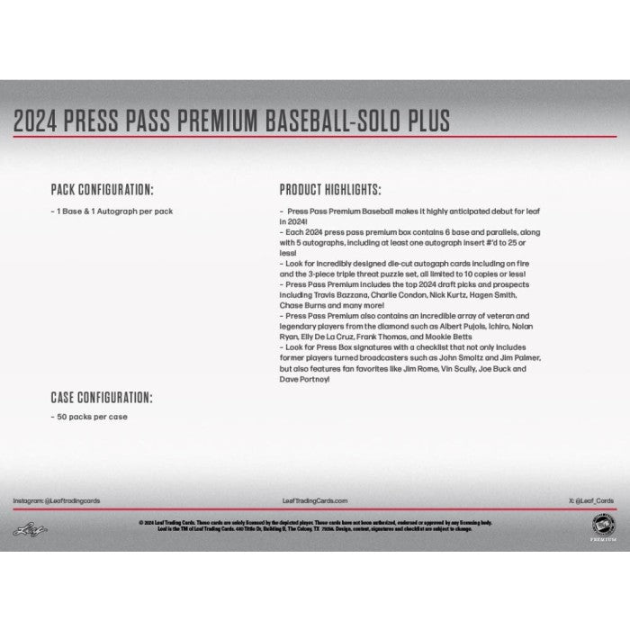 2024 Leaf Press Pass Premium Baseball Solo Plus (1 Auto / Pack) ELy Ichiro Pujols Skenes More! - MLB Hobby Box