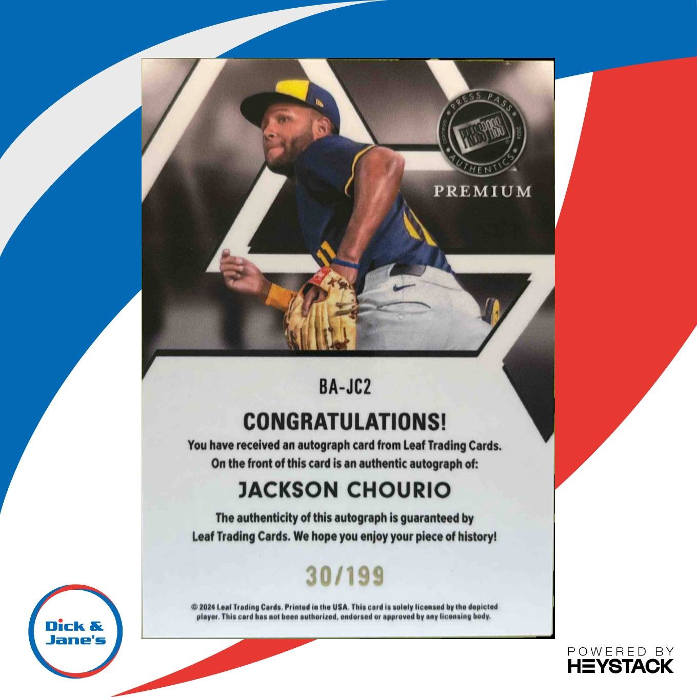 2024 Leaf Press Pass Premium Jackson Chourio Auto Brite /199 Rookie Card Sports Cards