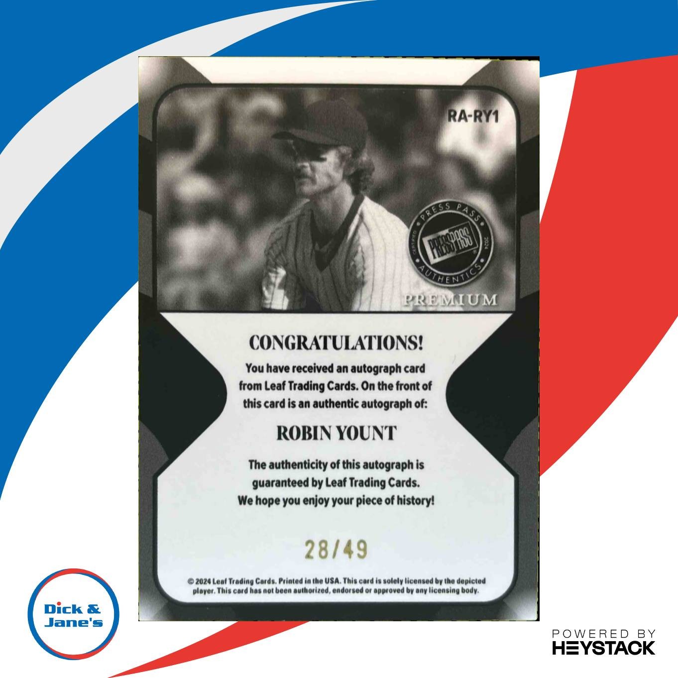 2024 Leaf Press Pass Premium Robin Yount Retro Auto Brite /49 #RA RY1 Sports Cards