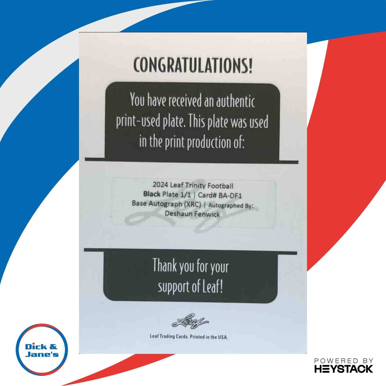 2024 Leaf Trinity Deshaun Fenwick Printing Plate Black 1/1 #BA-DF1 Auto - Sports Cards