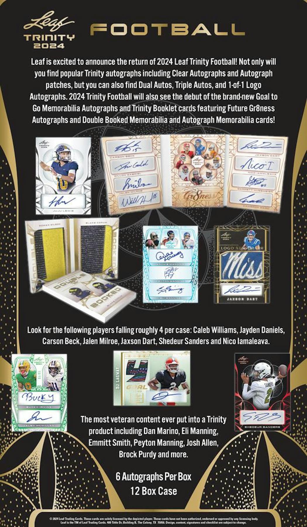 2024 Leaf Trinity Football Hobby Box (6 Autographs) (Caleb Daniels Beck Milroe Dart Shadeur - NFL Hobby Box
