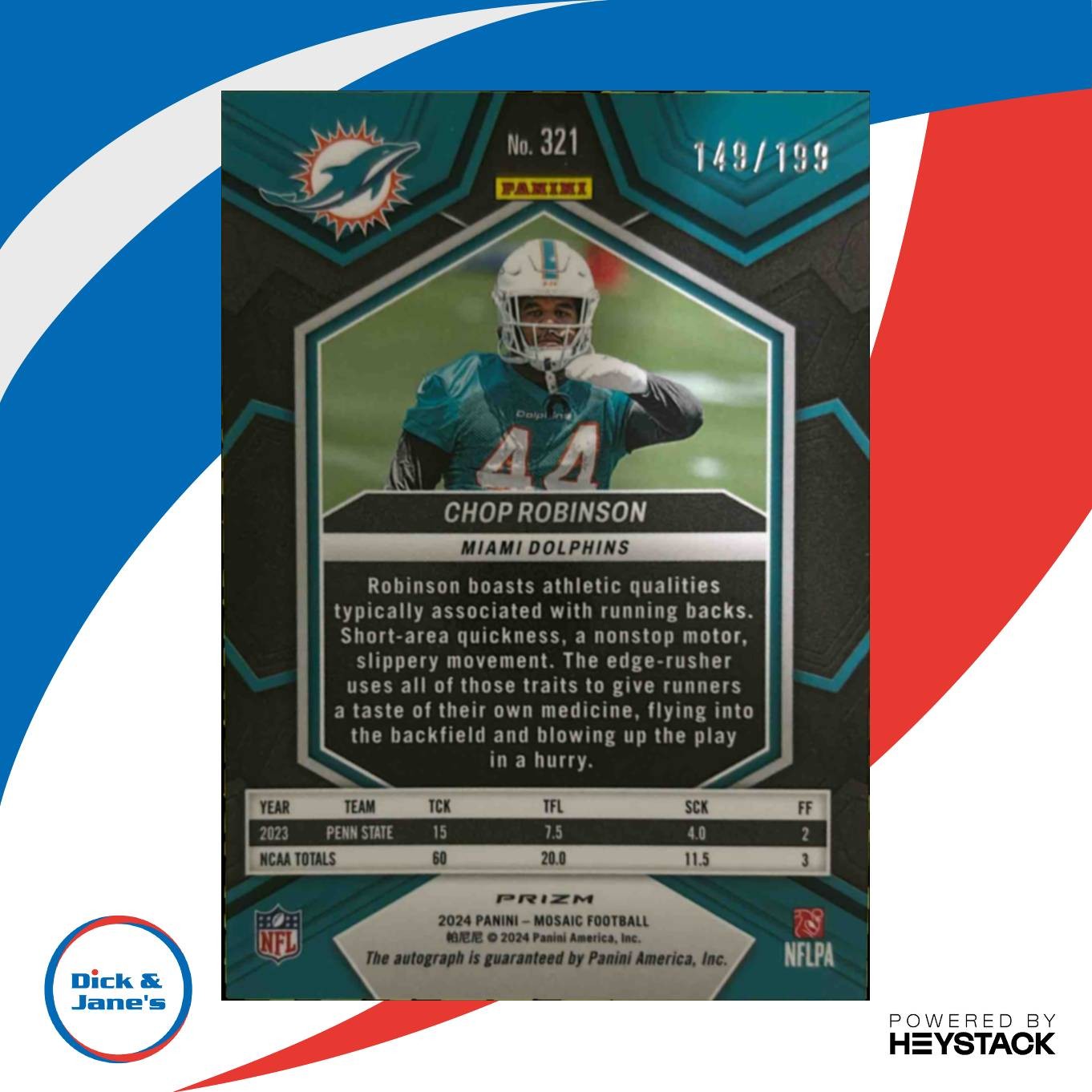 2024 Mosaic Chop Robinson Rookie Auto Red Prizm 149/199 #321 RC Miami Dolphins - Sports Cards