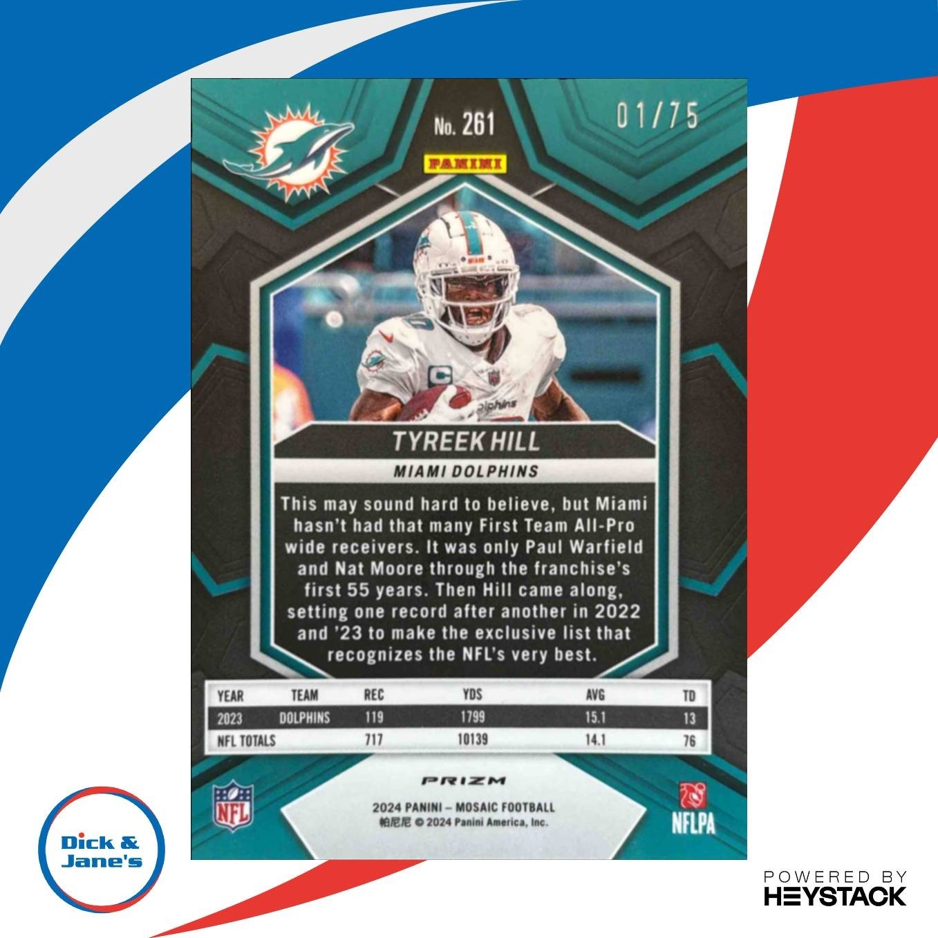 2024 Mosaic Tyreek Hill No Huddle Blue Prizm /75 #261 National Pride Dolphins - Sports Cards