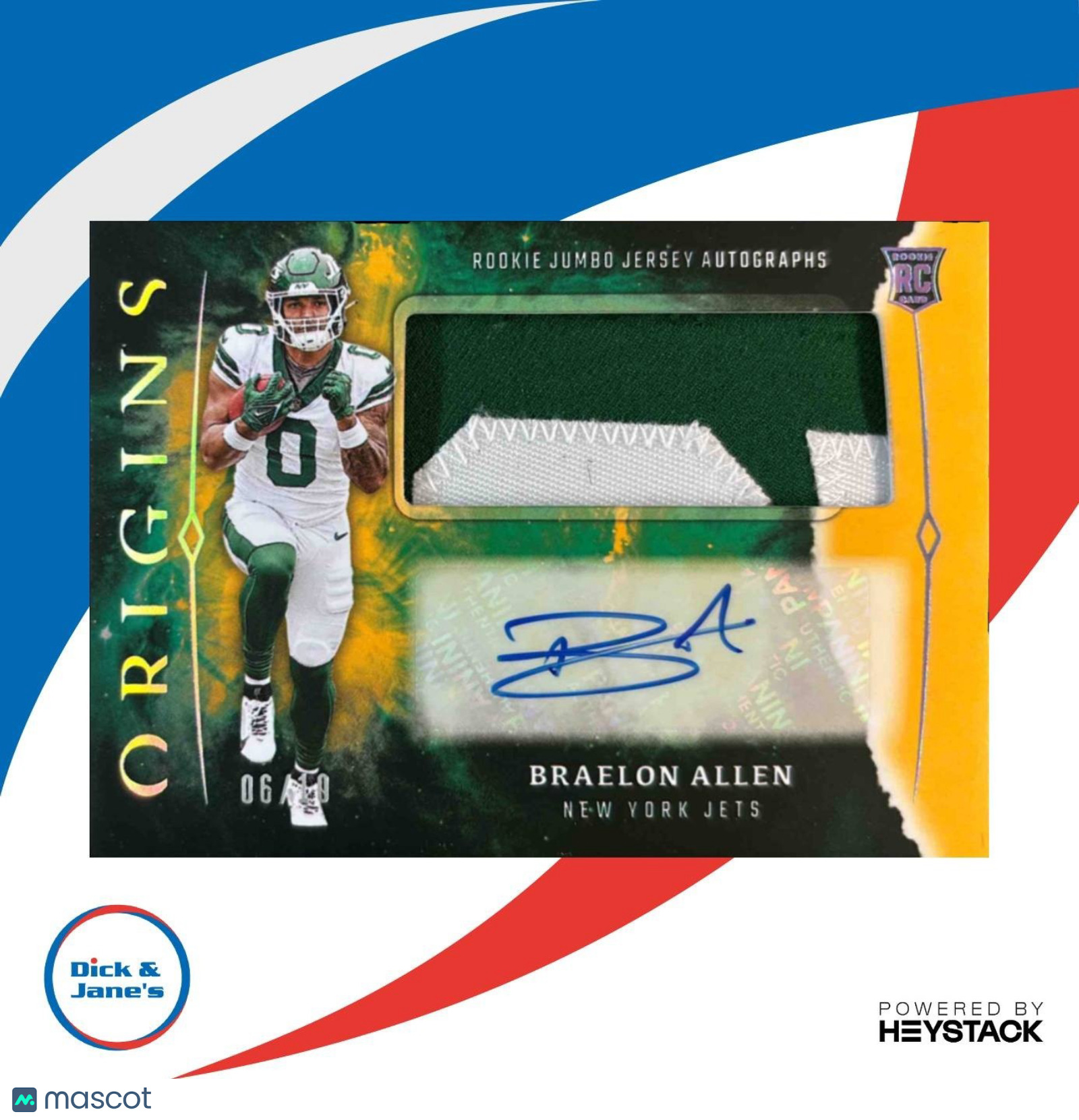 2024 Origins Braelon Allen Rookie Jumbo Jersey Auto Gold Patch /10 RC Jets - Sports Cards