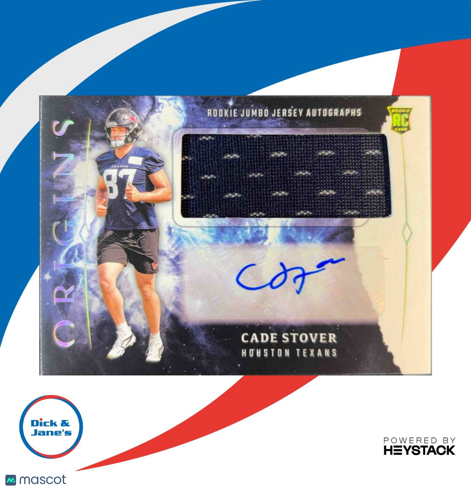 2024 Origins Cade Stover Rookie Jumbo Jersey Auto #RJA-CST RC Houston Texans - Sports Cards