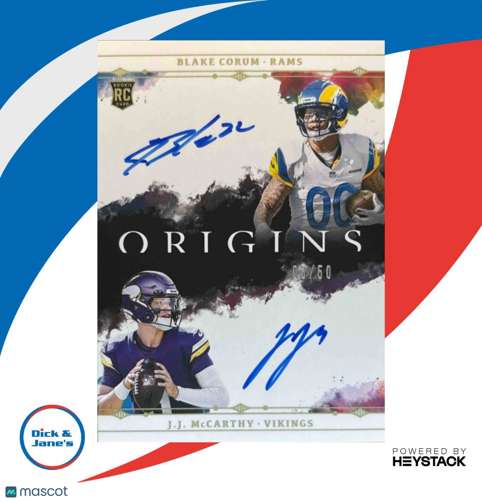 2024 Origins J.J. McCarthy Blake Corum Dual Rookie Auto 3/50 #DA-2 - Sports Cards