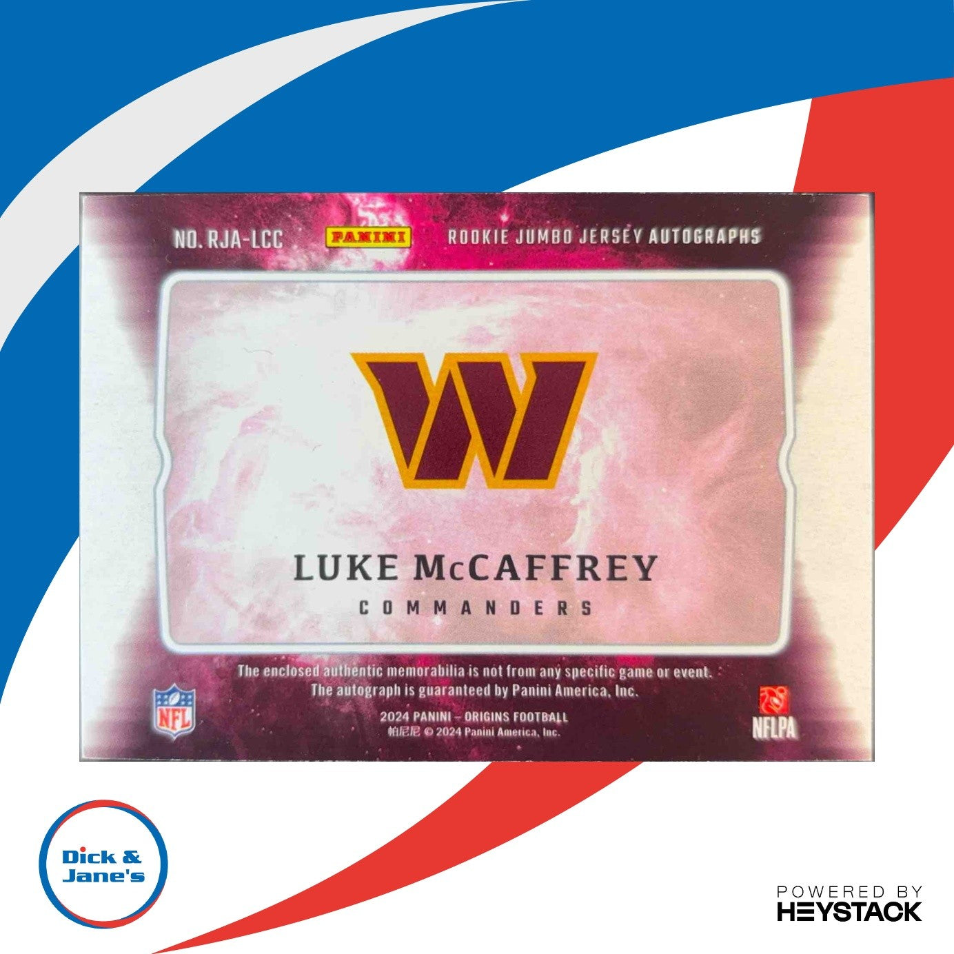 2024 Origins Luke McCaffrey Rookie Jumbo Jersey Auto Washington Commanders - Sports Cards