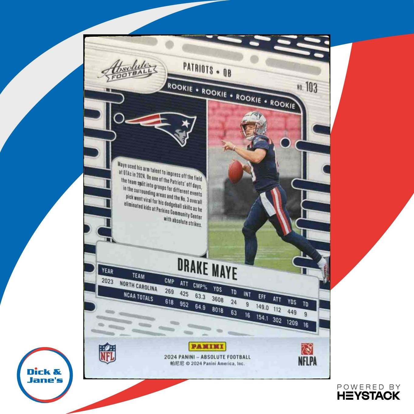 2024 Panini Absolute Drake Maye Rookies #103 RC New England Patriots - Sports Cards