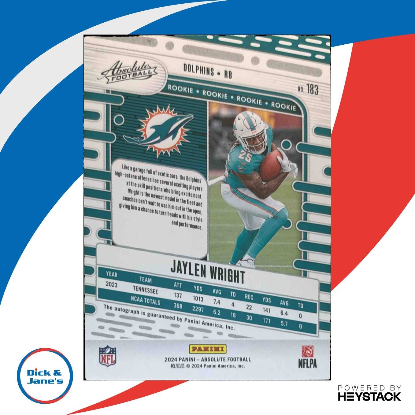 2024 Panini Absolute Jaylen Wright Signature Rookies #183 RC Auto Miami Dolphins - Sports Cards